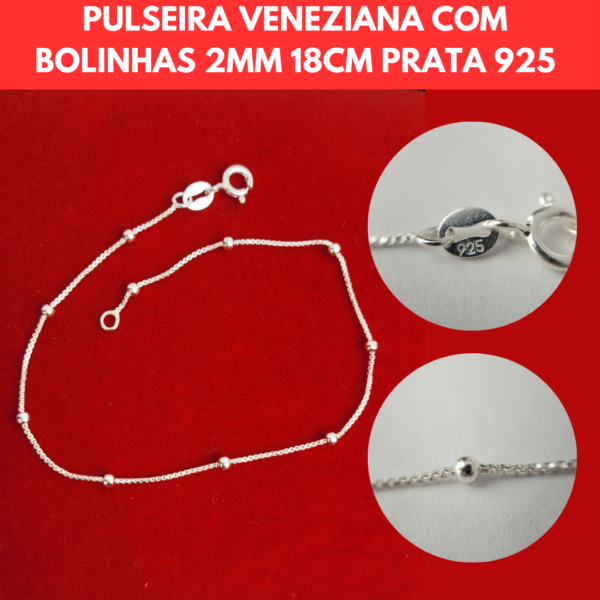 PULSEIRA VENEZIANA COM BOLINHAS 2MM 18CM PRATA 925